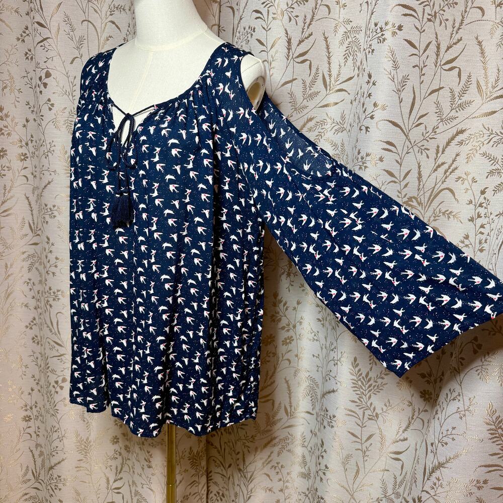 Max Jeans Bird Print Cold Shoulder Blouse Women XL Navy Coastal Boho Sailor Chic